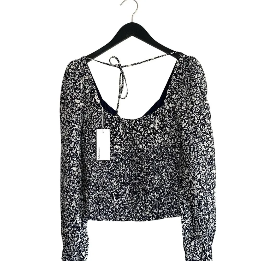 REFORMATION Floral Long Sleeve Smocked Top